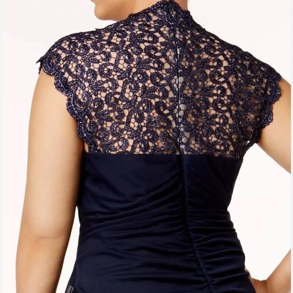 X by Xscape Stand-collar Illusion Back Gown Evening Women 14 Navy Built in Bra - Picture 4 of 12